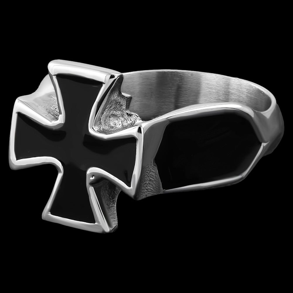 STAINLESS STEEL MEN'S IRON CROSS BLACK INLAY RING - FRONT VIEW
