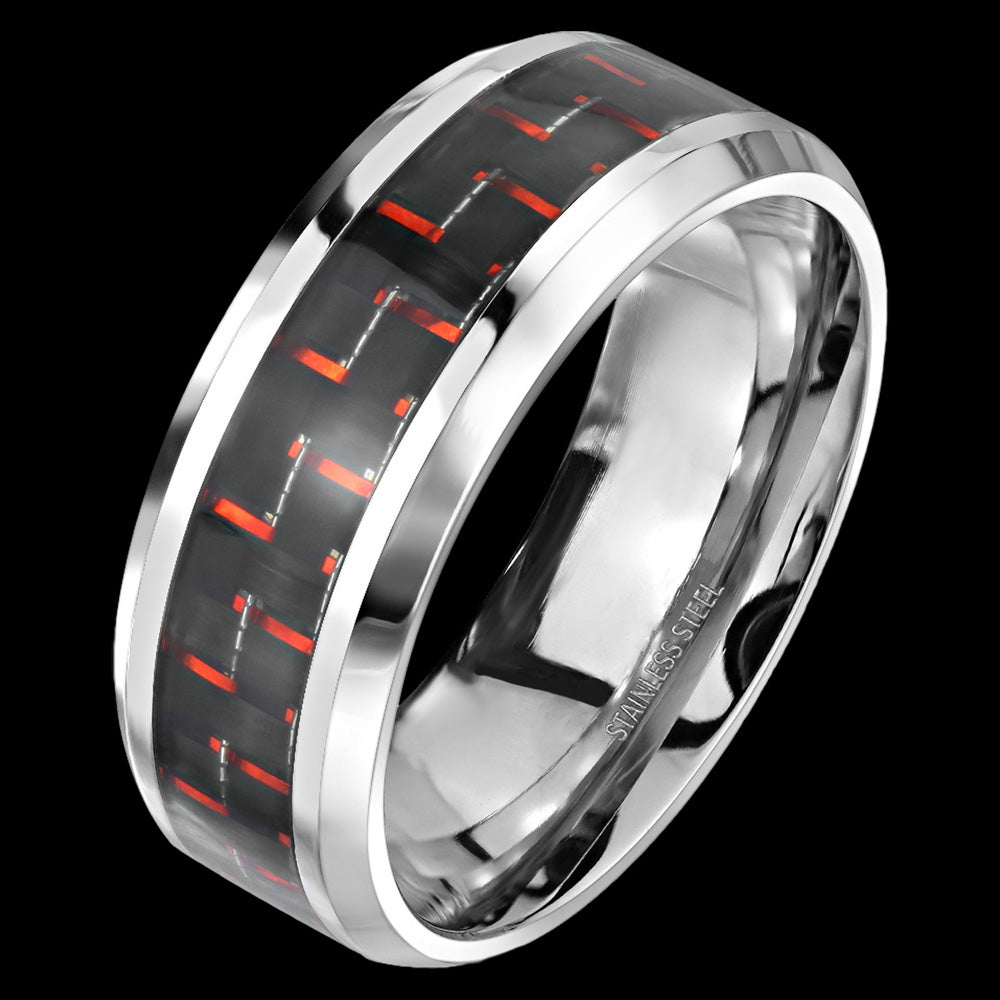 STAINLESS STEEL MEN'S 8MM BLACK & RED CARBON FIBRE INLAY RING