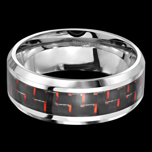STAINLESS STEEL MEN'S 8MM BLACK & RED CARBON FIBRE INLAY RING - TOP VIEW