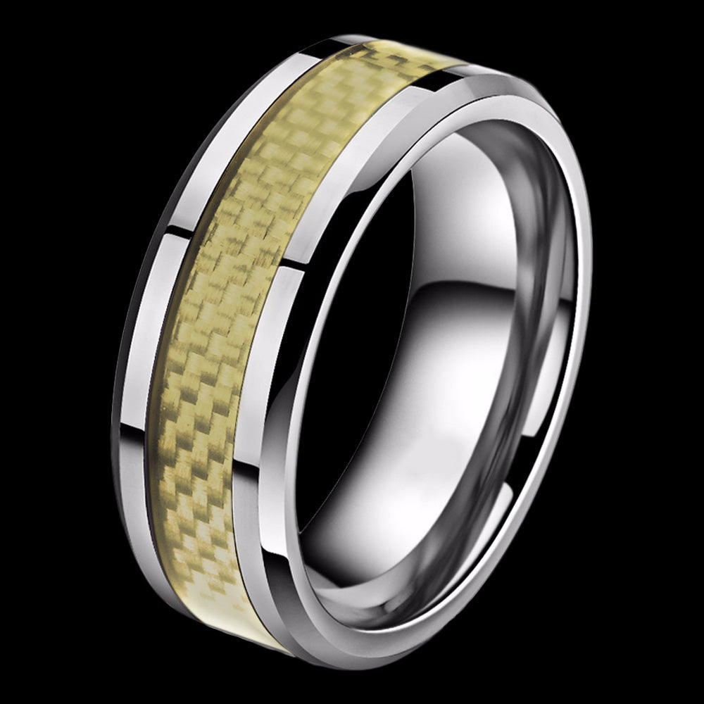 STAINLESS STEEL MEN'S 8MM GOLD CARBON FIBRE INLAY RING