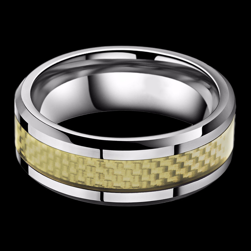 STAINLESS STEEL MEN'S 8MM GOLD CARBON FIBRE INLAY RING - FRONT VIEW