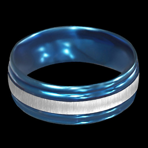 STAINLESS STEEL 8MM BLUE IP SILVER BAND RING - TOP VIEW