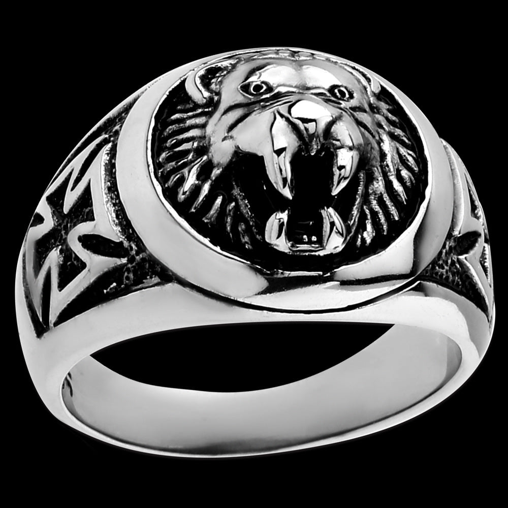 STAINLESS STEEL MEN'S ROARING LION IRON CROSS RING - FRONT VIEW
