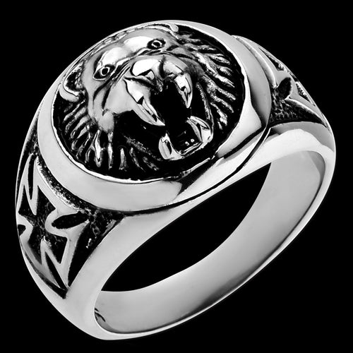 STAINLESS STEEL MEN'S ROARING LION IRON CROSS RING