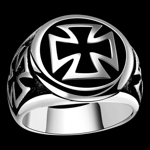 STAINLESS STEEL MEN'S IRON CROSS SIGNET RING - FRONT VIEW
