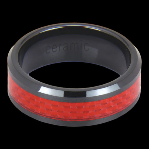 BLACK CERAMIC MEN'S RED CARBON FIBRE INLAY BAND RING - TOP VIEW