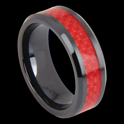 BLACK CERAMIC MEN'S RED CARBON FIBRE INLAY BAND RING