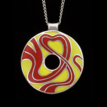STAINLESS STEEL RED & YELLOW ENAMEL DISC NECKLACE