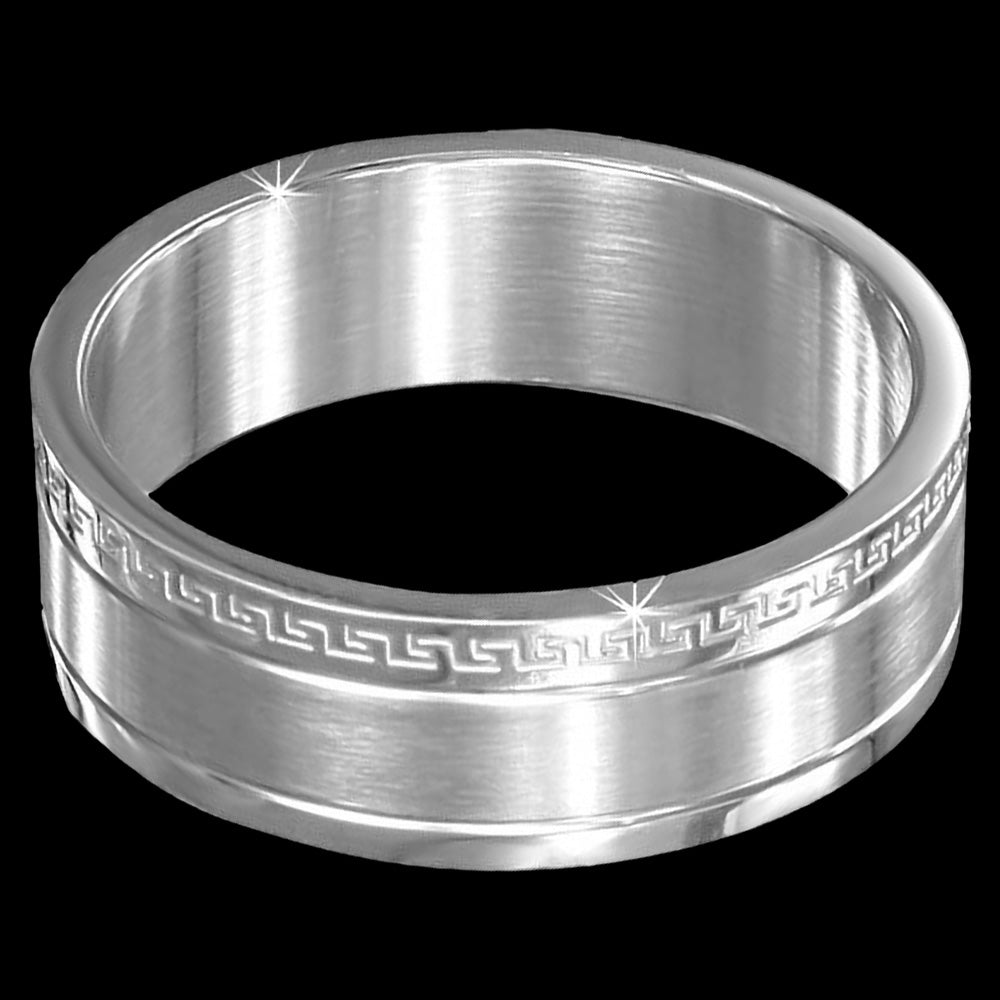 STAINLESS STEEL MEN'S GREEK KEY EDGE RING - FRONT VIEW