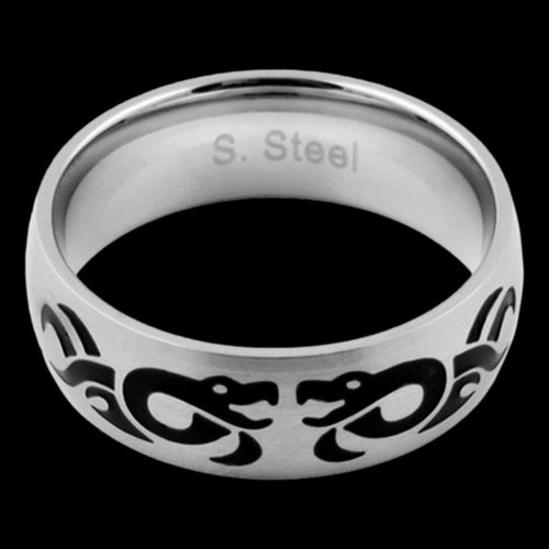 STAINLESS STEEL MEN'S BLACK ENAMEL DRAGON RING - FRONT VIEWSTAINLESS STEEL MEN'S BLACK ENAMEL DRAGON RING - FRONT VIEW