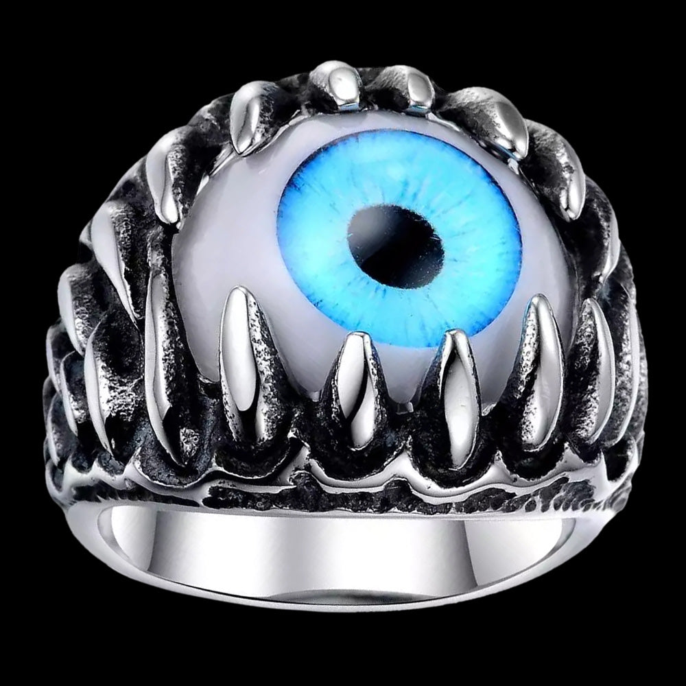 STAINLESS STEEL MEN'S BLUE EYEBALL JAWS RING - FRONT VIEW