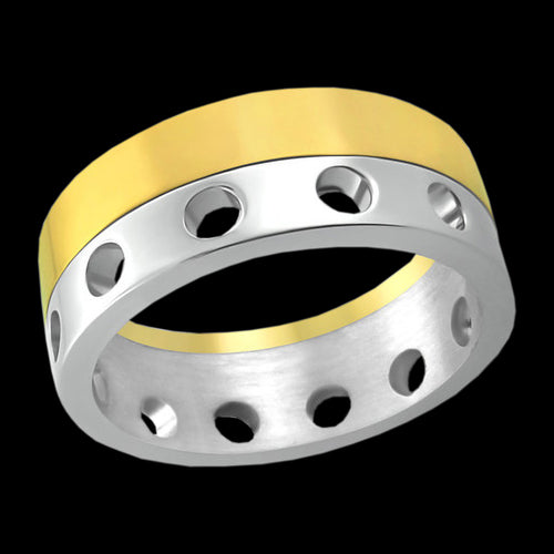 STAINLESS STEEL MEN'S PORTHOLE GOLD IP SPINNER RING - FRONT VIEW