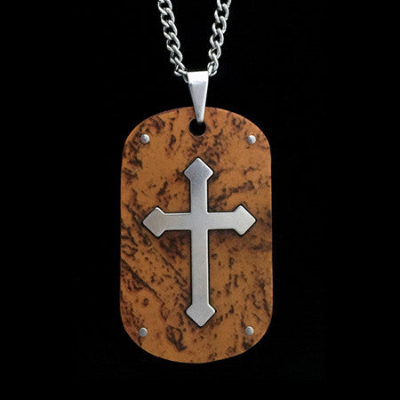 STAINLESS STEEL WOOD CROSS INLAY DOG TAG NECKLACE