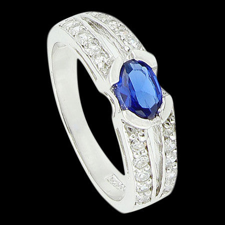 STERLING SILVER PAVED SPLIT SHANK BLUE CZ RING