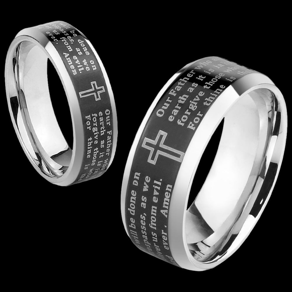 LORD'S PRAYER BLACK IP BEVELED EDGE STAINLESS STEEL RING - ANGLE VIEW