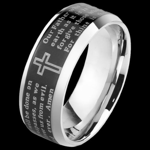 LORD'S PRAYER BLACK IP BEVELED EDGE STAINLESS STEEL RING