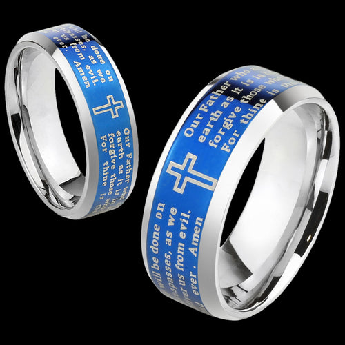 LORD'S PRAYER BLUE IP BEVELED EDGE STAINLESS STEEL RING - ANGLE VIEW