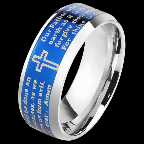 LORD'S PRAYER BLUE IP BEVELED EDGE STAINLESS STEEL RING