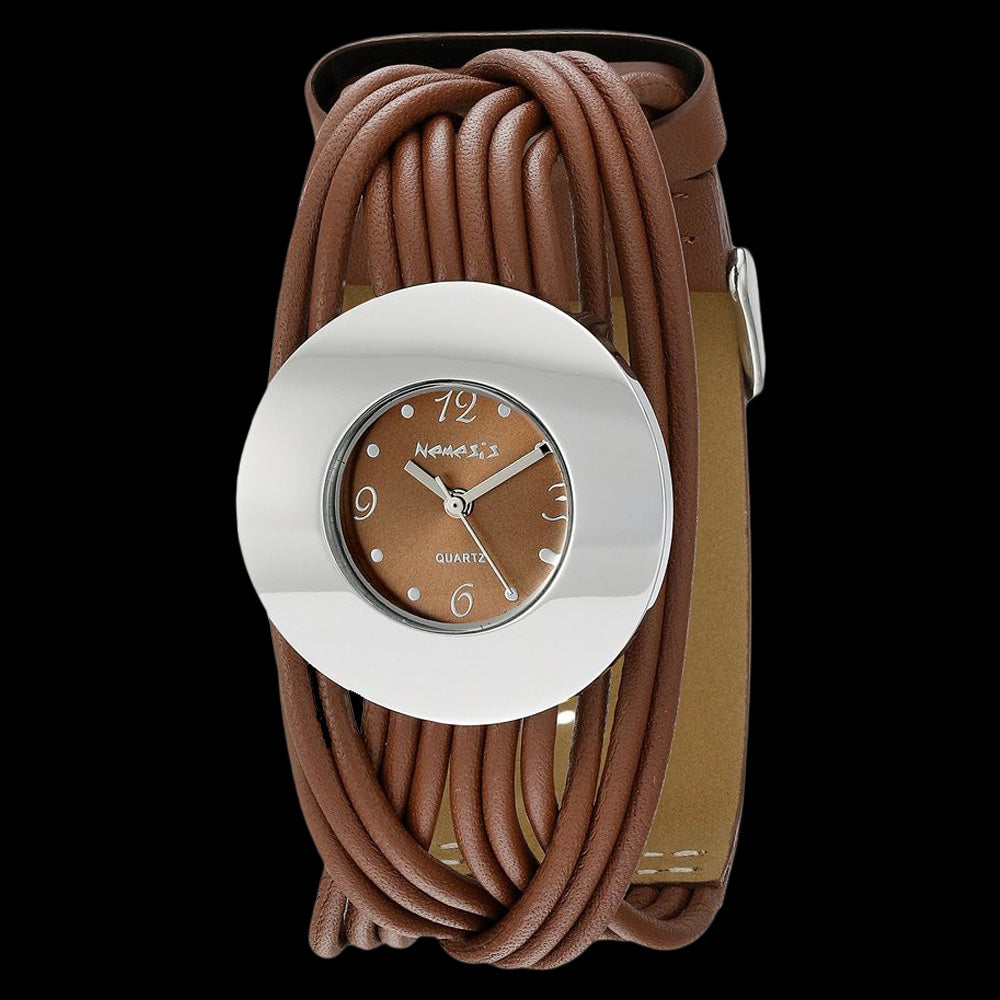 NEMESIS LADIES SILVER BROWN STRAND LEATHER WATCH