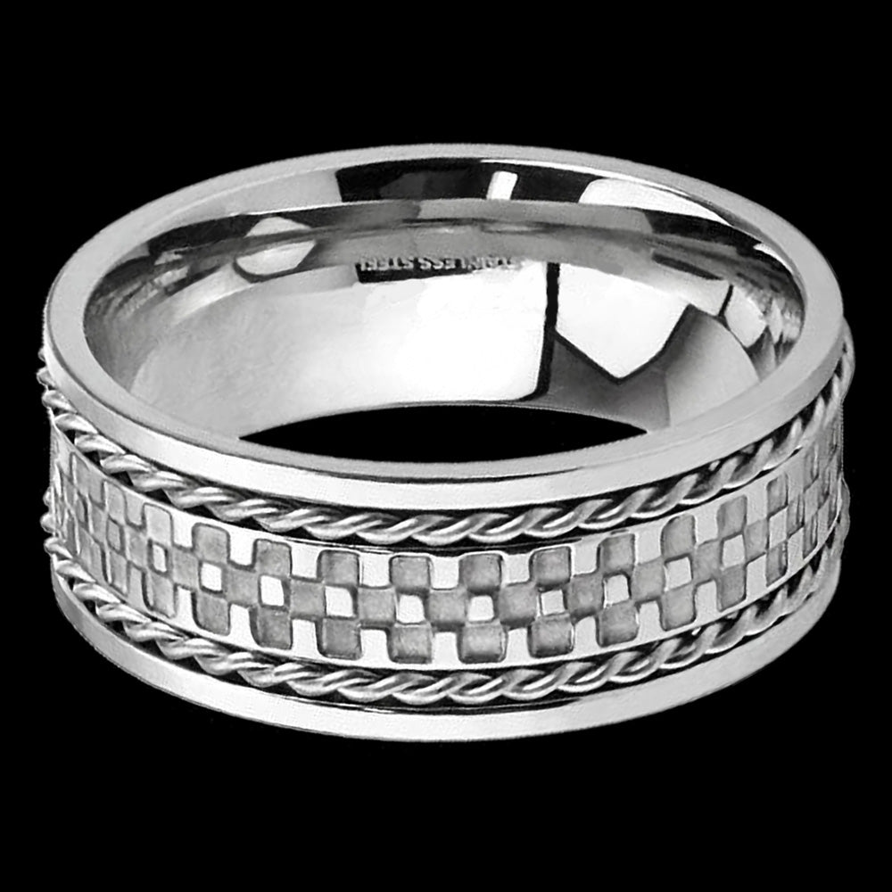 STAINLESS STEEL MEN'S TREAD & CHAIN RING - FRONT VIEW