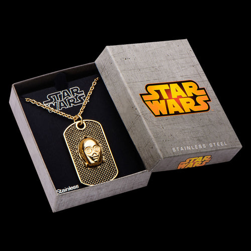 STAR WARS C3PO GOLD IP STEEL DOG TAG NECKLACE - BOX VIEW