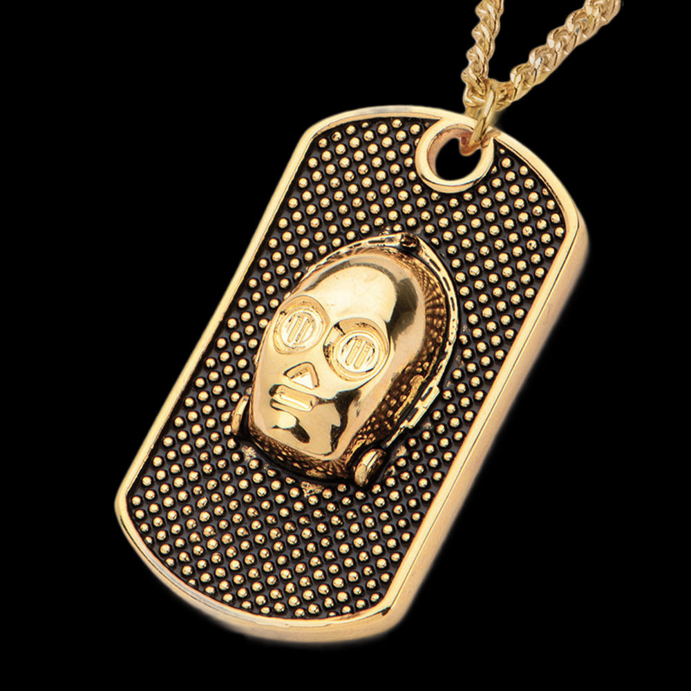 STAR WARS C3PO GOLD IP STEEL DOG TAG NECKLACE - TILT VIEW