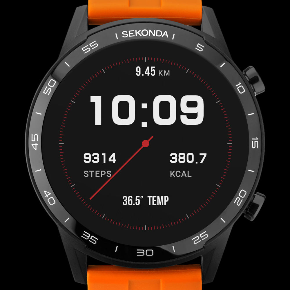 SEKONDA ACTIVE ORANGE SMART WATCH - DIAL CLOSE-UP