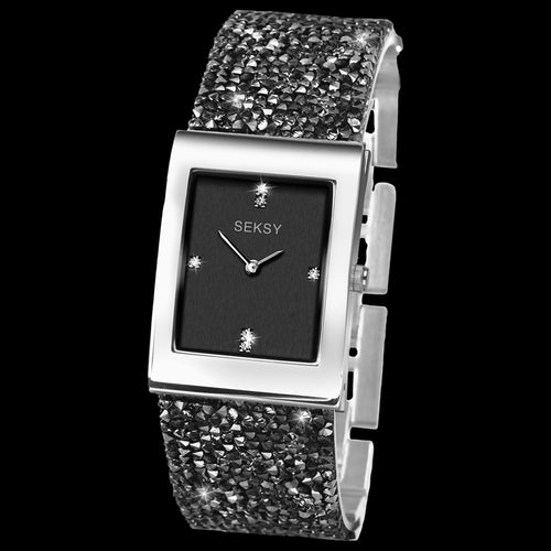 SEKSY LADIES ROCKS RECTANGLE SILVER CRYSTAL BRACELET WATCH - TILT VIEW