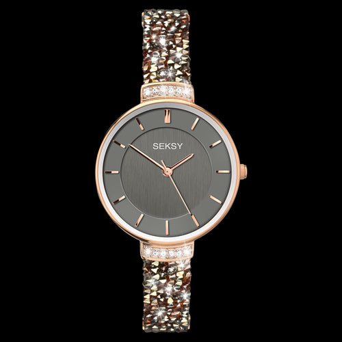 SEKSY LADIES ROCKS ROSE GOLD COFFEE CRYSTAL BRACELET WATCH