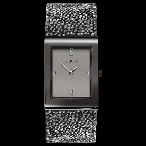 SEKSY LADIES ROCKS RECTANGLE GREY SILVER CRYSTAL BRACELET WATCH