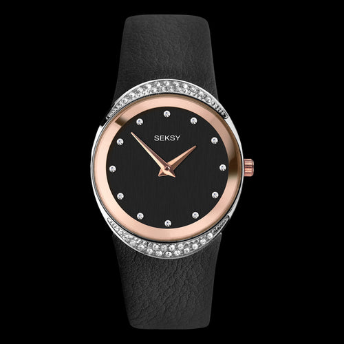 SEKSY LADIES CRYSTAL HALO ROSE GOLD BLACK LEATHER WATCH
