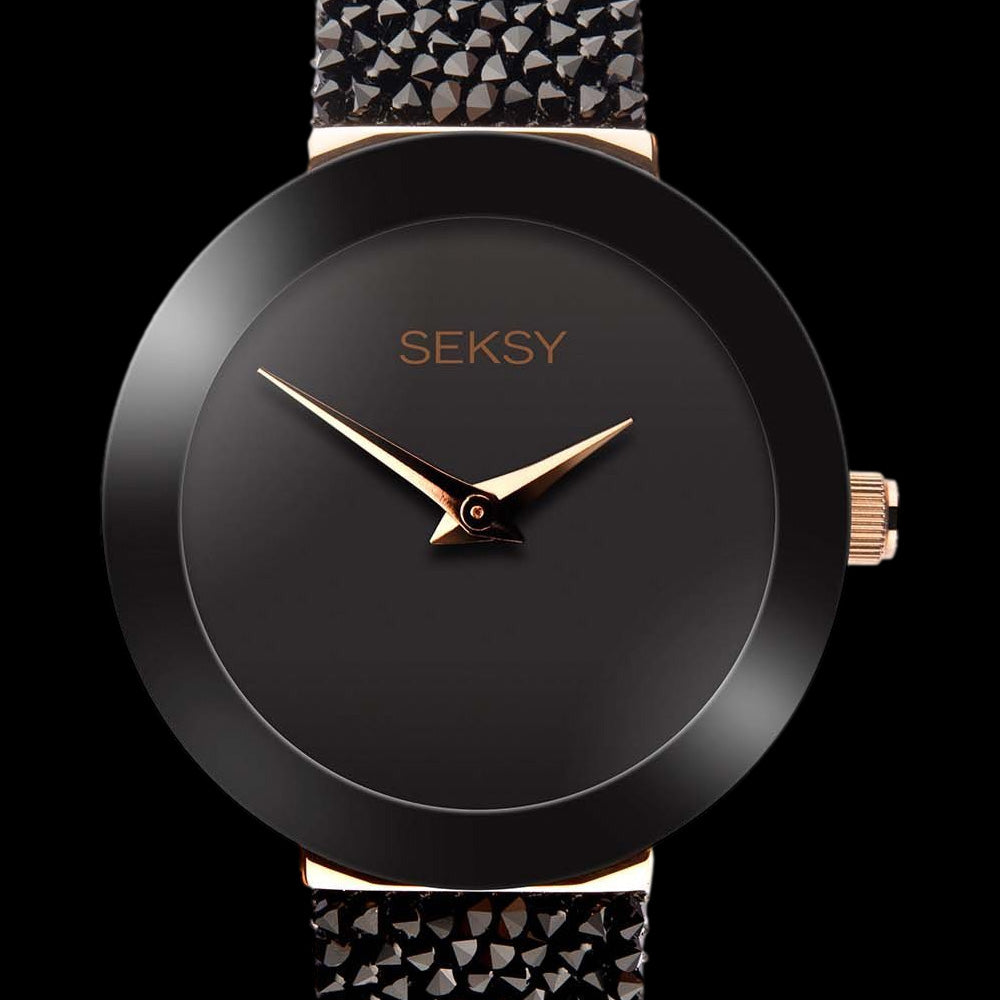 SEKSY LADIES ROCKS MINIMAL BLACK CRYSTAL BRACELET WATCH - CLOSE-UP