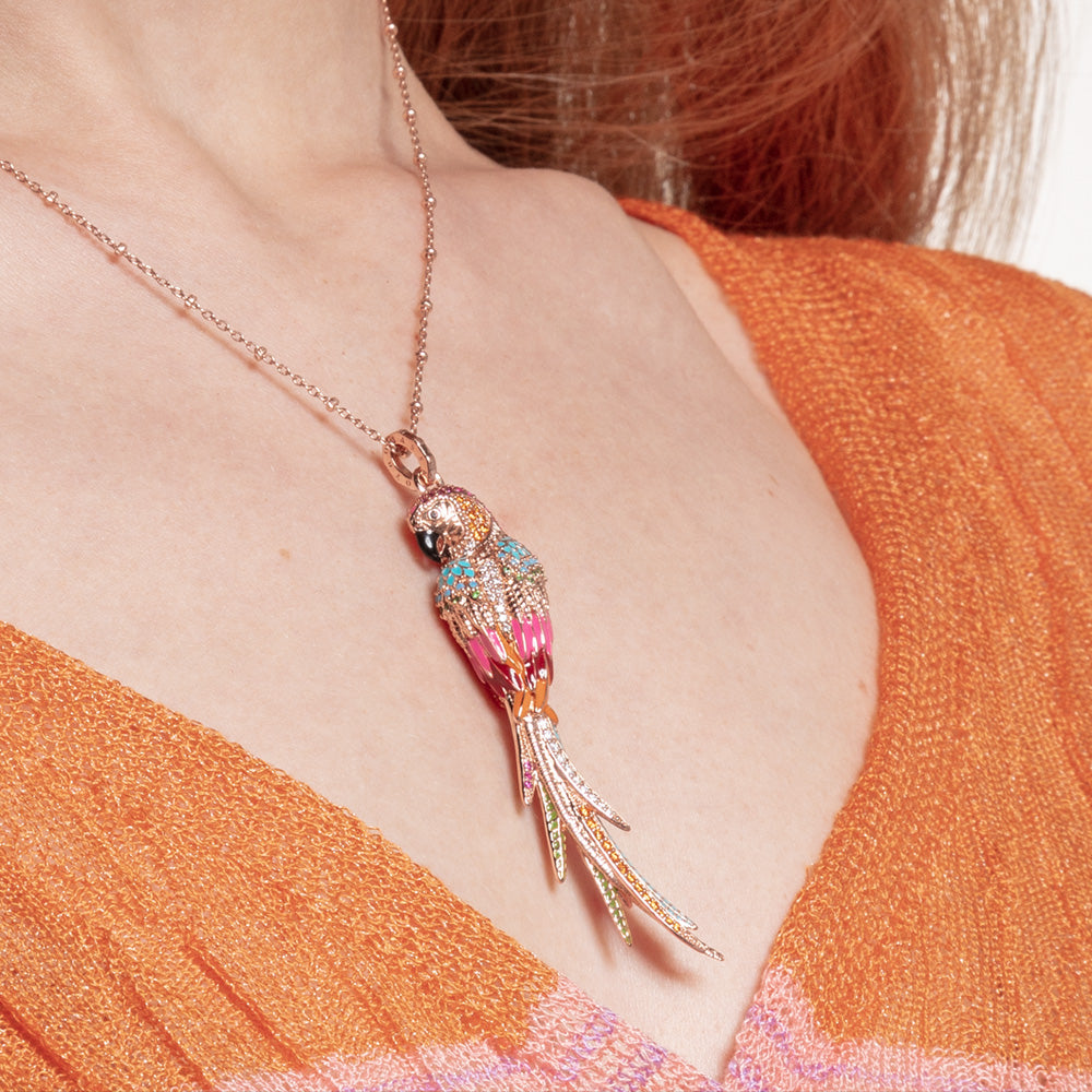 THOMAS SABO ROSE GOLD RAINBOW PARROT PENDANT - MODEL VIEW CLOSE-UP