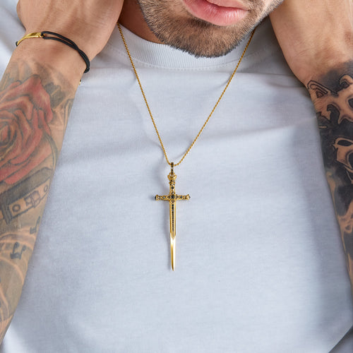 THOMAS SABO GOLD CROWN HILT SWORD PENDANT - MALE MODEL VIEW