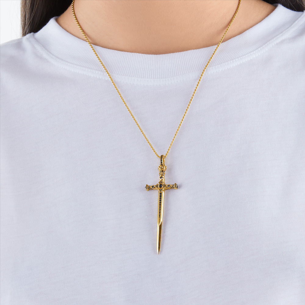 THOMAS SABO GOLD CROWN HILT SWORD PENDANT - FEMALE MODEL VIEW