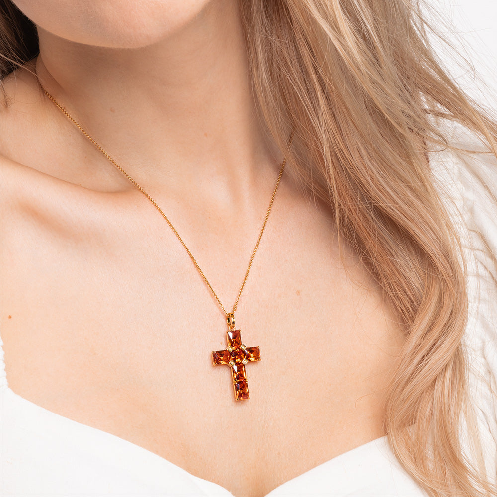 THOMAS SABO ORANGE GEMSTONE CROSS PENDANT - MODEL VIEW