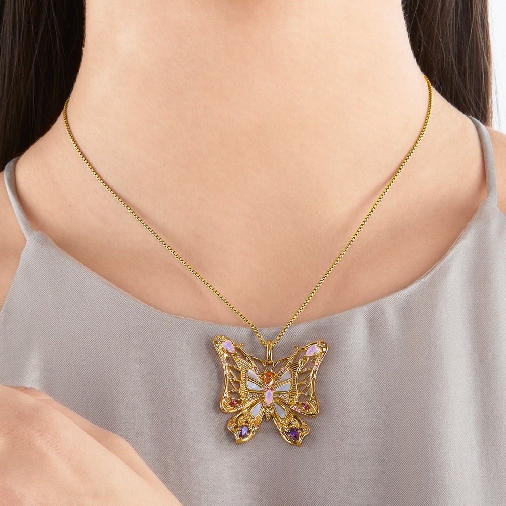 THOMAS SABO GOLD JEWELLED BUTTERFLY LARGE PENDANT - MODEL VIEW