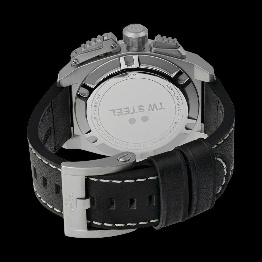 TW STEEL CANTEEN BLACK & SILVER CHRONO LEATHER WATCH TW1111 - BACK VIEW