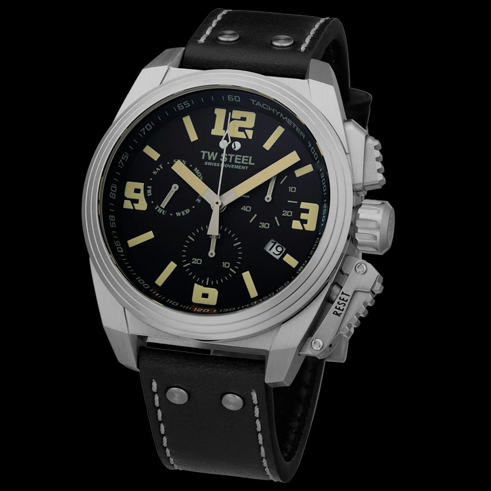 TW STEEL CANTEEN BLACK & SILVER CHRONO LEATHER WATCH TW1111 - TILT VIEW