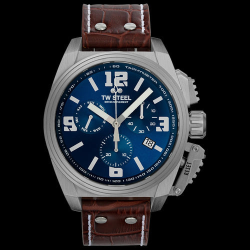 TW STEEL CANTEEN BLUE & SILVER CHRONO LEATHER WATCH TW1113