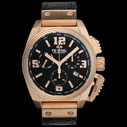 TW STEEL CANTEEN ROSE GOLD & BLACK CHRONO LEATHER WATCH TW1115
