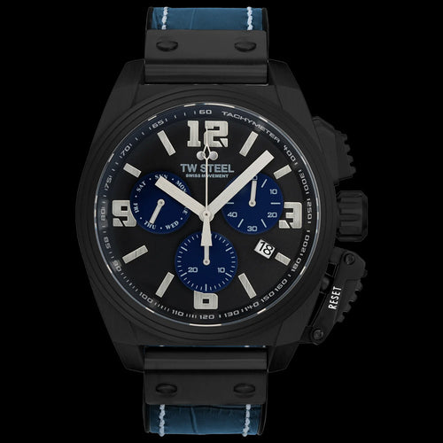 TW STEEL CANTEEN BLUE & BLACK CHRONO LEATHER WATCH TW1117