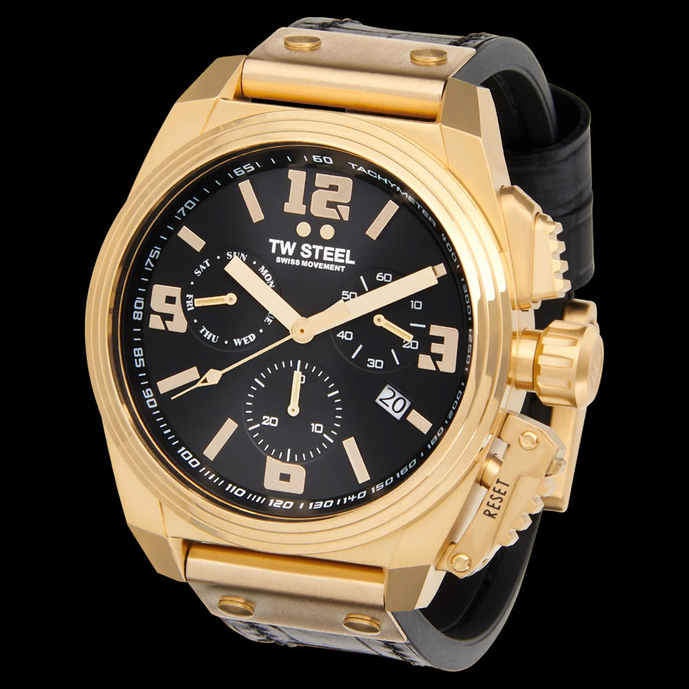 TW STEEL CANTEEN GOLD & BLACK CHRONO LEATHER WATCH TW1118 - TILT VIEW