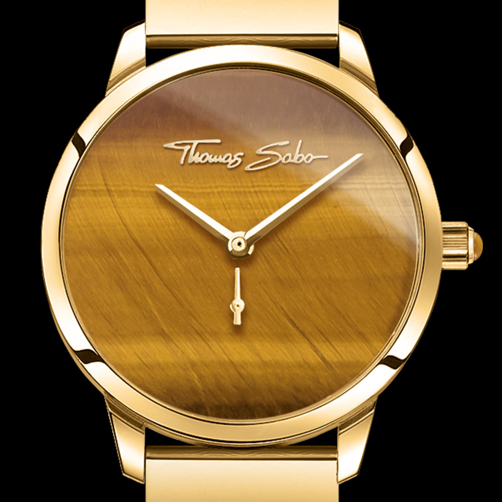 THOMAS SABO LADIES GARDEN SPIRIT GOLD TIGER EYE WATCH - DIAL CLOSE-UP