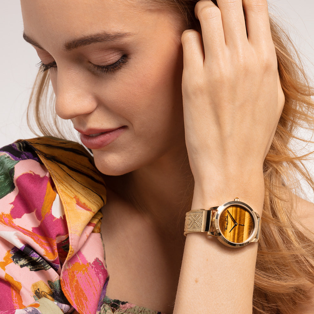 THOMAS SABO LADIES GARDEN SPIRIT GOLD TIGER EYE WATCH - WRIST VIEW