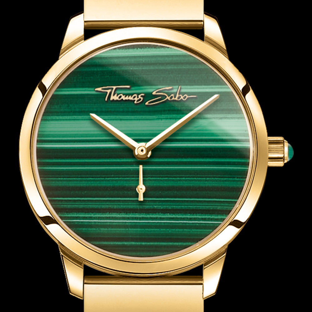 THOMAS SABO LADIES GARDEN SPIRIT GOLD MALACHITE WATCH - DIAL CLOSE-UP