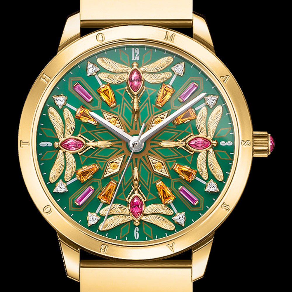 THOMAS SABO LADIES DRAGONFLY KALEIDOSCOPE GOLD WATCH - DIAL CLOSE-UP