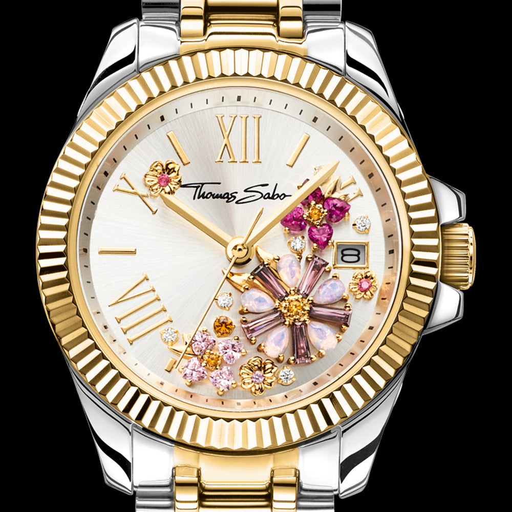 THOMAS SABO LADIES FLOWERS GEMSTONE DIAL TWO-TONE WATCH - DIAL CLOSE-UP