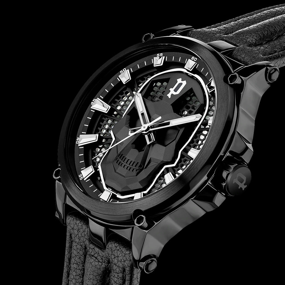 POLICE MEN'S VERTEX ALL BLACK SKULL WATCH - TILT VIEW