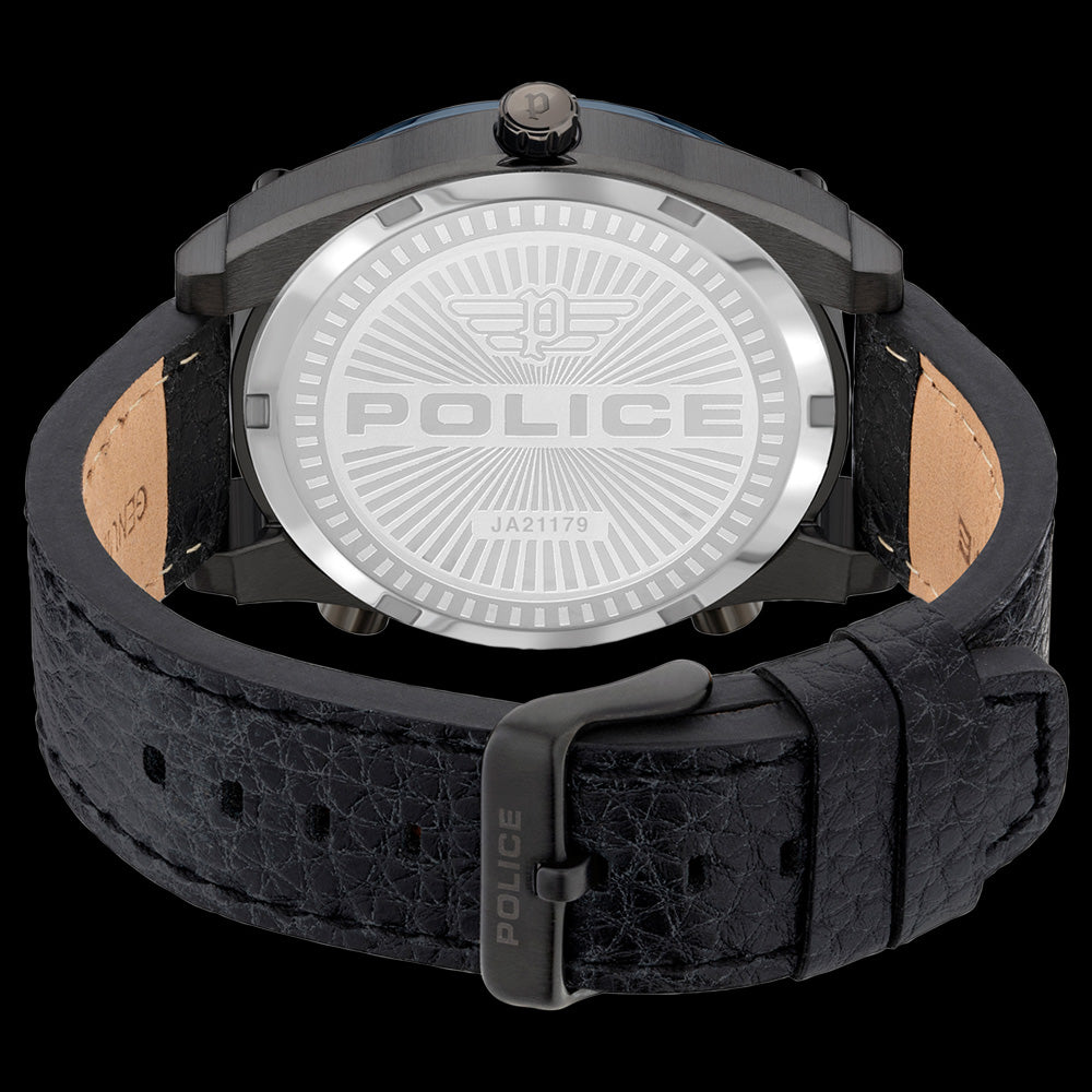 POLICE MEN'S WING BLUE IP LEATHER WATCH - BACK VIEW